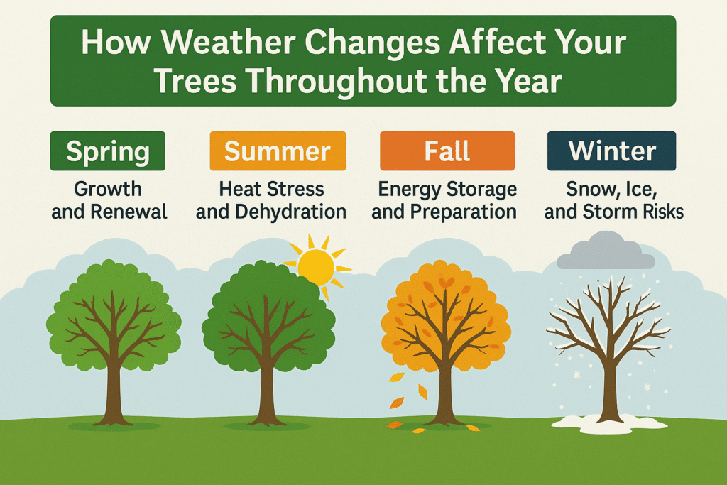 Illustration showing how seasonal weather changes affect tree health during spring, summer, fall, and winter.