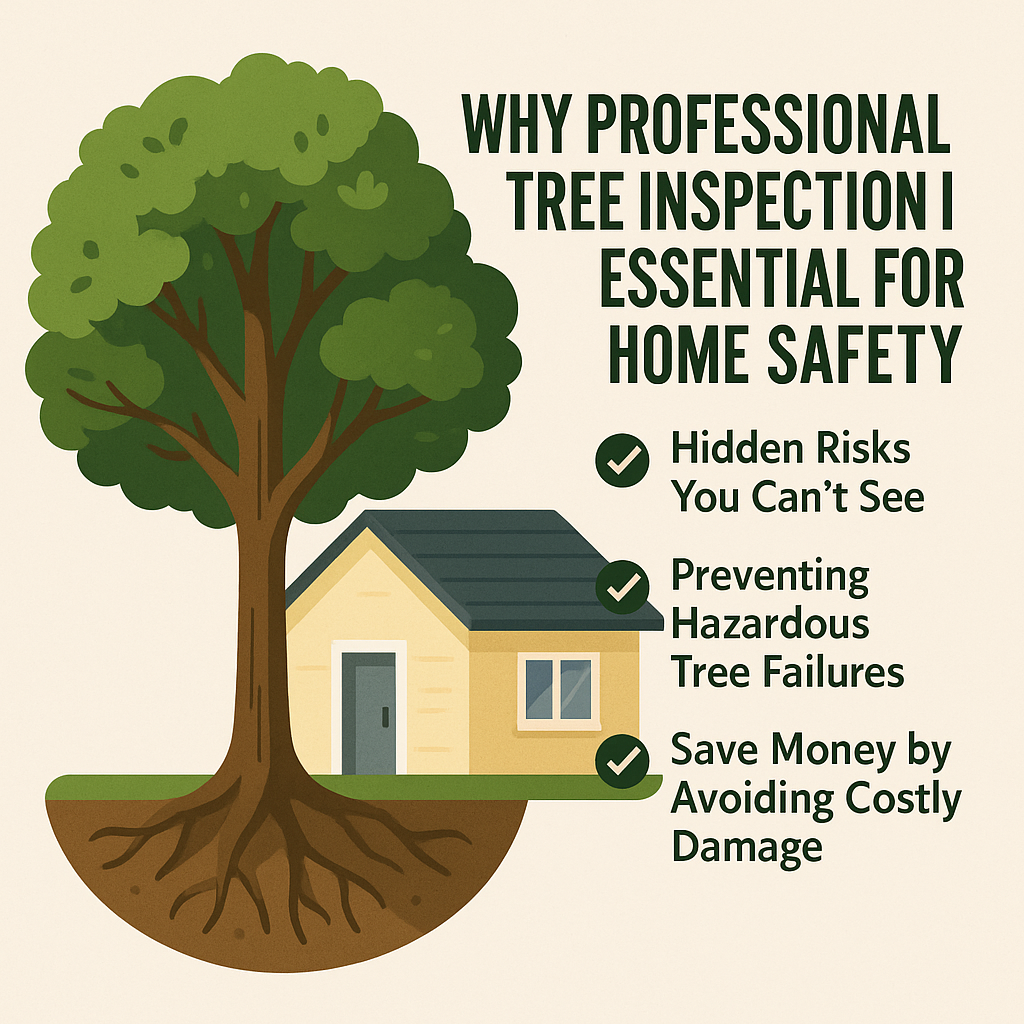 Illustration of a professional tree inspection showing a large tree beside a house with highlighted risks to home safety.